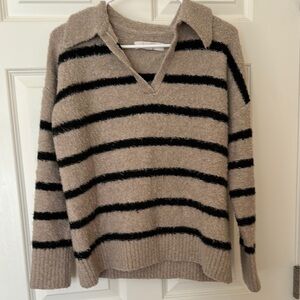 Loft Striped V-Neck Polo Sweater - Black and Tan